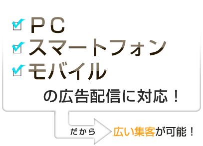 PC・スマートフォン・モバイルの広告配信に対応！だから、広い集客が可能！