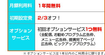 月額利用料1年間無料／初期設定費3分の2オフ／初回オプションサービス1つ無料